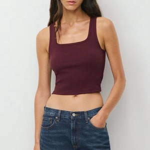 Débardeur court en maille tricotée bordeaux de haute qualité pour femme, col carré uni, sans manches, décontracté, 100 % coton, OEM ODM - Product Image 1