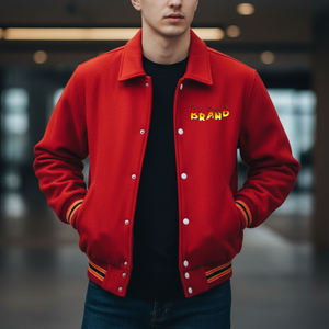 Custom Logo Men's <b>Red</b> Varsity <b>Jacket</b> With Flame Logo Embroidery Turn-Down Collar Regular Fit Polyester Cotton Autumn Wear - Product Image 4