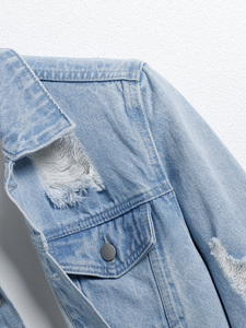 Light Blue Distressed Denim Jacket <b>Women</b> Turn Down Collar Button Up Long Sleeve Casual <b>Spring</b> <b>Coat</b> - Product Image 5