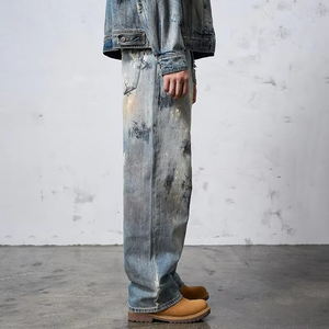 Jean pour homme 100% Coton Coupe Droite Taille Mi-Haute Style Hip Hop en Denim Ample avec Lavage Enzymatique Intensif Effet Délavé et Usé - Product Image 4