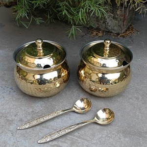 Nouvel article arrivé : Bol à sucre en métal laiton avec finition martelée et cuillère, pour la table et la cuisine - Product Image 1