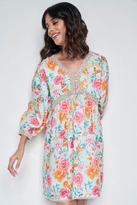 Handmade Hand Block Printed Women's Boho Floral V Neck <b>Dress</b> Empire Waist Batwing <b>Sleeve</b> Mini Casual <b>Summer</b> <b>Dress</b> - Product Image 2