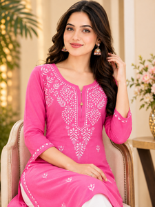 Premium Pink Georgette <b>Chikankari</b> Embroidered Straight Kurti - Authentic Lucknowi Fine Thread Work Women Festive Party Wear - Product Image 3