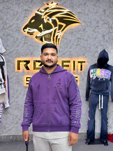Distressed Zip Up Hoodie Rhinestone Sleeve Design Embroidered Logo Streetwear Full <b>Zipper</b> <b>Sweatshirt</b> for Men Adult - Product Image 4