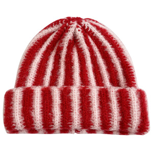 New Style Faux Fur Color-blocked Striped Knit Hat Men Women Fashion Warm Cuffed Winter Thicken Beanie - Product Image 2