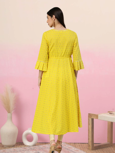 Kurta Anarkali de Verano de Algodón Cambric con Estampado Butti Dorado, Amarilla, con Falda Acampanada, Ropa Étnica Tradicional Festiva para Mujer, Envío Rápido - Product Image 2