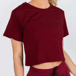 Women's <b>Maroon</b> T-Shirt Short Sleeve O-Neck Solid Knitted Breathable Casual <b>Top</b> Spring Summer Slim Fit With Pockets - Product Image 5