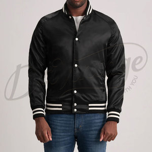 Blouson Bomber Varsity en Satin Noir pour Homme avec Poignets Côtelés Rayés et Fermeture à Boutons Pression – Vêtement d'extérieur Léger et de Qualité Supérieure - Product Image 6