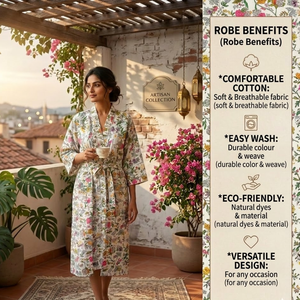 Bata Kimono de Algodón con Estampado Floral, Blanca, Manga Larga, Bolsillo Frontal, Cinturón con Cordón, Ligera, para Descansar o Baño - Product Image 6