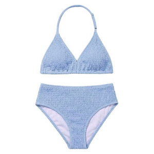 Ensemble de bikini texturé bleu clair pour femmes, maillot de bain deux pièces à taille haute, tricoté extensible, couleur unie, tenue de plage - Product Image 1
