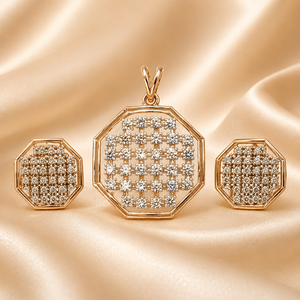 Magnifique ensemble de pendentif en or rose 14 carats avec diamants taille brillant et boucles d'oreilles géométriques assorties pour femme, bijoux raffinés pour mariage - Product Image 3