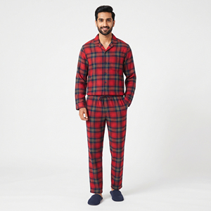 Pyjama pour homme en coton 100% à carreaux, manches longues, taille ajustable avec cordon, coupe classique, confortable et respirant - Product Image 1