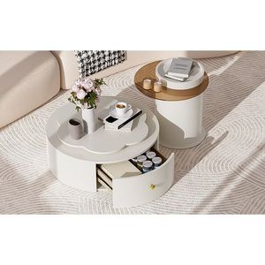 Set di 2 Tavolini da Caffè Moderni con Piano Girevole a 360 Gradi a Forma di Fiore, 2 Cassetti, Tavolino Laterale Circolare e Tavolino d'Appoggio - Product Image 6