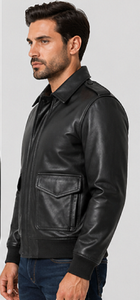 Men's Genuine Sheep Skin Vintage Bomber Jacket Zip Front Winter Premium Outerwear Casual Stylish Windproof <b>Heated</b> Turn-down - Product Image 2