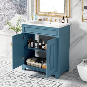 Mobile bagno freestanding da 30 pollici con lavabo in resina, ripiano portaoggetti e armadietto - I migliori mobili bagno di Sol - Product Image 2