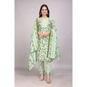 OFFRE SPÉCIALE ÉTÉ NOUVELLE COLLECTION : Ensemble trois pièces formel Kurta et pantalon avec DUPATTA imprimé en tissu SLUB poudré à séchage rapide - Product Image 1