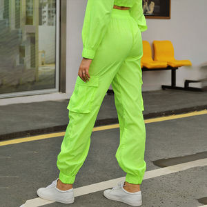Neon Green Cropped Racer Jacket Set With Drawstring <b>Pants</b> Full Sleeve Stand Collar Zipper Closure Casual All Seasons Wear - Product Image 3