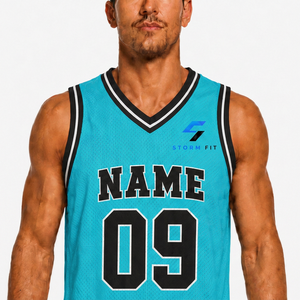 Maillot de basket-ball bleu personnalisé pour hommes, col en v, sans manches, impression sublimée, nom personnalisé, numéro 09, maille respirante, 100% Polyester - Product Image 4