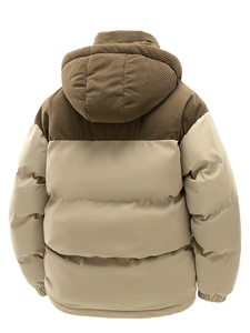 Manteau d'hiver en laine écologique pour homme, beige, matelassé, fermeture éclair sur le devant, veste décontractée, coupe régulière, col en velours côtelé épais - Product Image 4