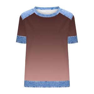 Women's Regular Fit Summer Fashion Contrast Trim Denim <b>Patchwork</b> Short Sleeve Waffle Knit <b>Tops</b> Tee Soft Stretch Casual T Shirt - Product Image 5