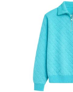เสื้อสเวตเตอร์ผู้ชายสีเทอร์ควอยซ์แบบควิลท์ คอปกพับได้ ทรงปกติ ผ้าถักสีพื้น ใส่สบายๆ สำหรับฤดูใบไม้ร่วง - Product Image 3