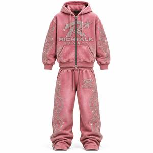 Unisex <b>Pink</b> Hooded Acid Wash <b>Tracksuit</b> <b>Set</b> Full Sleeve Rhinestone Logo Streetwear Drawstring Pants Regular Fit Winter Wear - Product Image 1