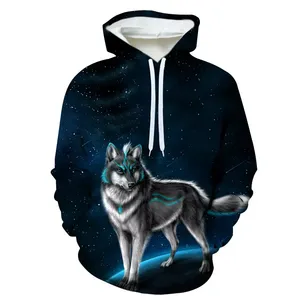 Sweat-shirt à capuche vintage éco-responsable pour homme, motif loup et galaxie, tricoté 100% coton, coupe classique, style hiver - Product Image 3
