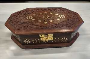 Hand Carved Octagon Wood Jewelry <b>Box</b> with Intricate Brass Inlay <b>Floral</b> Design Uttarakhand Crafted for Christmas Holiday Storage - Product Image 5