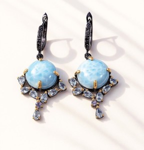 Natural Larimar <b>Sterling</b> <b>Silver</b> <b>Hoop</b> <b>Earring</b> Rhodium Plated Ocean Inspired Soft Blue Serenity Timeless Handmade Jewelry Party - Product Image 1