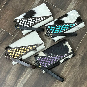 Sac à main en cuir à carreaux multifonctionnel et durable avec portefeuille assorti en cuir de vachette, ensemble combiné en cuir véritable fait main pour femmes - Product Image 5