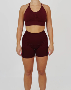 Premium Quality Women's Seamless Yoga Set With U Neck Adjustable <b>Strap</b> & Skinny Shorts Breathable Low Prices - Product Image 1
