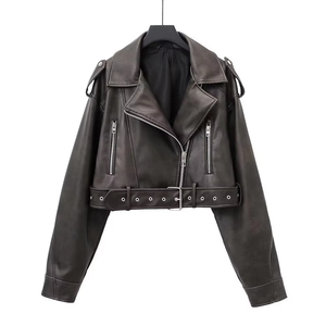 CUSTOM Women's Black <b>Leather</b> Motorcycle Jacket SF 125 Asymmetric Zip Lapel Collar <b>Belted</b> Long Sleeve Regular Quick Dry Lambskin - Product Image 4