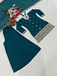 New Solid Designer Party Wear Heavy Roman Silk 3mm Sequence Embroidery Work <b>Top</b> & Plazzo Dupatta Fancy Style - Product Image 4
