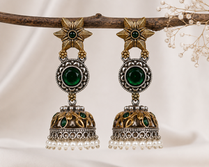 Direct Factory Oxidized <b>Silver</b> Two-Tone Flower Jhumka <b>Earrings</b> | Indian Bohemia Stone Dangle <b>Drop</b> <b>Earrings</b> | Wholesale Supplier - Product Image 3