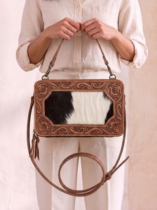 Western Embossed Animal Print Leather <b>Tassel</b> Crossbody Messenger Bag Cowhide Fur Insert Polyester Lightweight Classic Vintage - Product Image 5