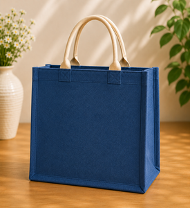 กระเป๋าโท้ทผ้าปอกระเจาสีน้ำเงินลายดอกไม้พร้อมลายปักดอกไม้ - Product Image 6
