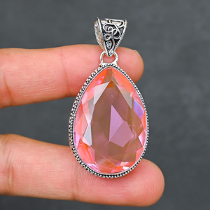 Magnifique pendentif en kunzite rose, pierre précieuse créée en laboratoire, forme poire 20x30mm, en argent sterling 925, fait main, style bohème, très demandé - Product Image 4