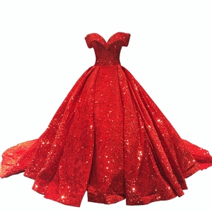 <b>Red</b> Off-Shoulder <b>Sequined</b> A-Line V-neck Lace Embroidery Flowers Pearls Beading Asymmetrical Wedding Dress - Product Image 3