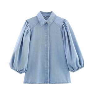Chemise en jean tendance pour femme, style bureau chic, en coton, boutonnée, manches longues, décontractée, coupe ample, bleu denim - Product Image 4