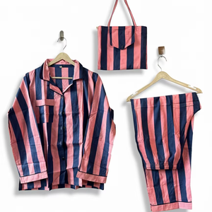 Conjunto de Pijama de Algodón para Mujer, Estampado Floral con Rayas Verticales, Primavera-Verano, Ropa de Estar por Casa, Camisa y Pantalones Elegantes de Secado Rápido y Largo Completo - Product Image 1