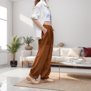 Women's Pink Wide Leg Pants High Waist Elastic Loose Fit Full Length Solid Color Casual Spring Style Knitted Spandex Cotton - Product Image 4
