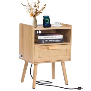 Comodino Boho in Rattan con Gambe in Legno e Ripiano Aperto, Assemblato - Product Image 1