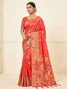ASHMITAS COLLECTIONS Sari en soie Katan Banarasi traditionnel avec broderie Zari dorée, motifs floraux, pour occasions de mariage, longueur ras du sol pour femme - Product Image 6
