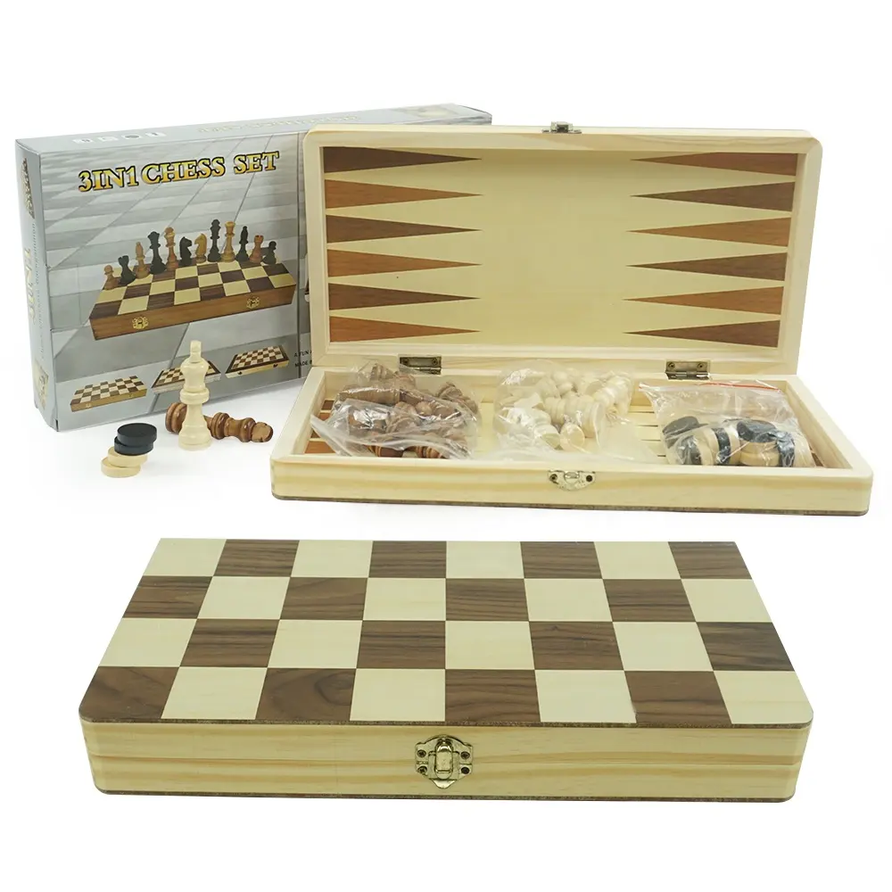 Juego de ajedrez de madera 3 en 1 para adultos, tablero de ajedrez plegable de viaje para interior, venta al por mayor