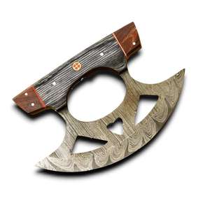Couteau Ulu de haute qualité, lame en forme de croissant à motif Damas, manche en bois véritable, étui en cuir, couteau de cuisine pour hacher - Product Image 1