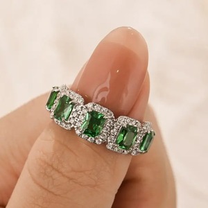 Elegant Design 925 Moissanite Halo <b>Emerald</b> Cut Green Stone 3.3 Carat Women's Anniversary <b>Ring</b> Sterling <b>Silver</b> White Gold Plated - Product Image 2