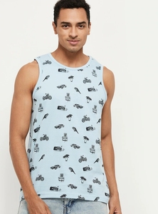 Camiseta sin mangas para hombre, azul claro, estampada, cuello redondo, informal, de algodón, transpirable, con diseño. - Product Image 2