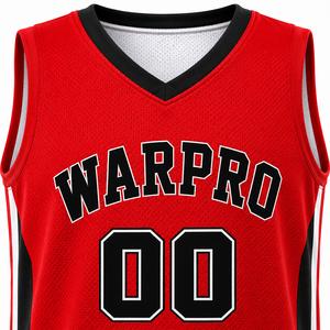 เสื้อบาสเก็ตบอล Warpro สีแดง คอวี แขนกุด ผ้าตาข่าย ระบายอากาศได้ดี พิมพ์ลายแบบ Sublimated ด้านหน้า ปรับแต่งชื่อทีมได้ สำหรับเด็กและผู้ใหญ่ ทีมเด็ก - Product Image 6