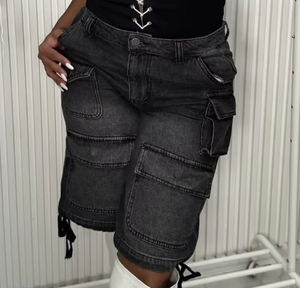 2025 Winter Mid Waist Regular <b>Boot</b> Cut Denim Cargo Shorts Plus Size Quick Dry <b>Vintage</b> Nylon/Cotton Medium Wash Illusion Women - Product Image 4