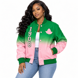 Alfa |   Kapa |   Chaqueta universitaria de satén ombré para mujer Alpha con letras griegas bordadas, botones a presión y cuello y puños de punto acanalado, estilo universitario - Product Image 1